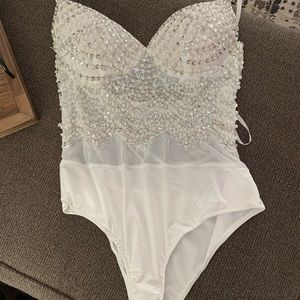 White Beaded and sequin body suit